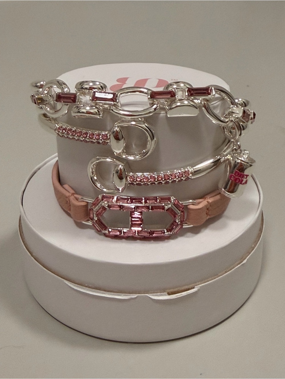 Bomb Party NWT! “Sip Happens” Diet Coke inspired Bracelet Stack Silver/Pink